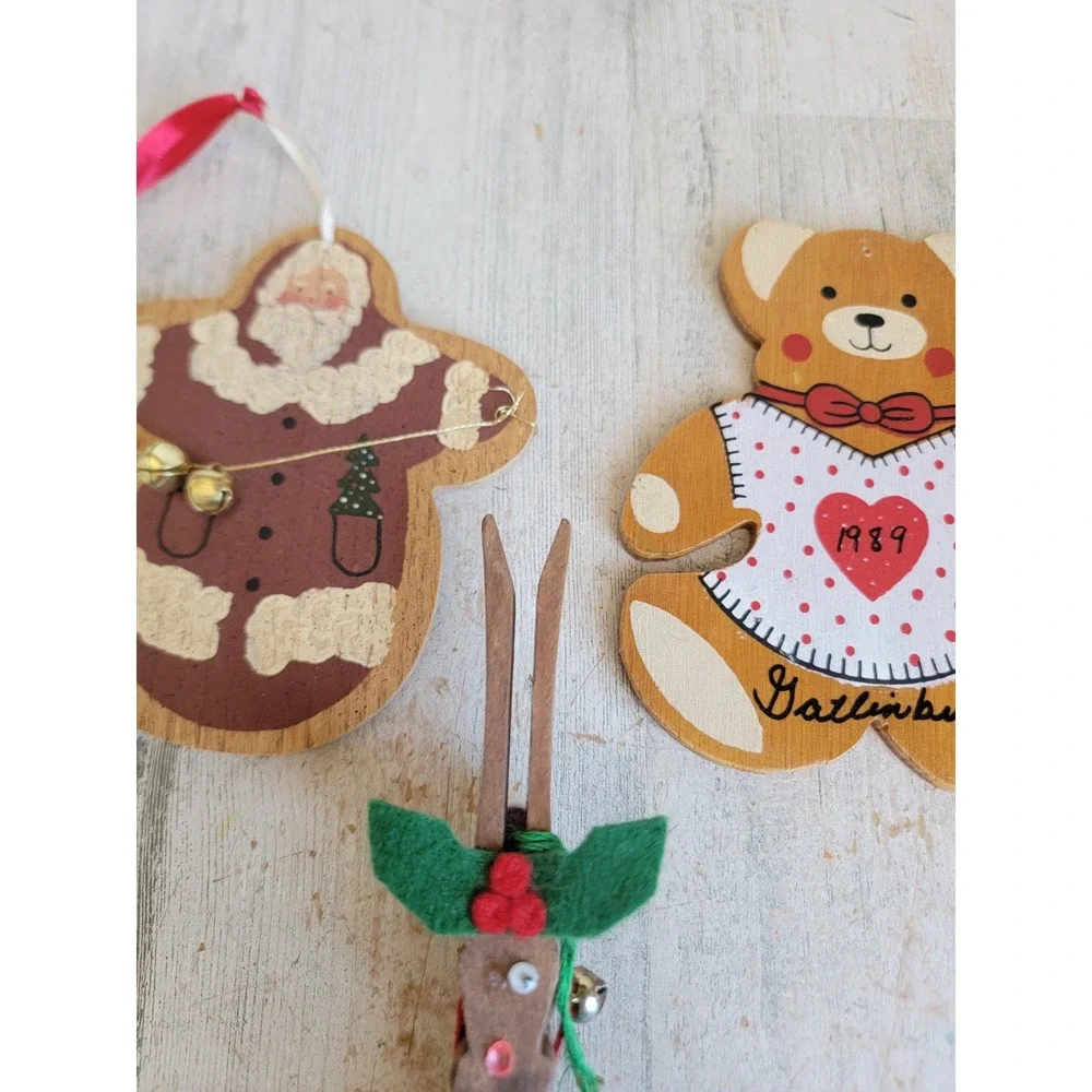 Vintage Santa Claus Bell reindeer wooden ornament Xmas set unique